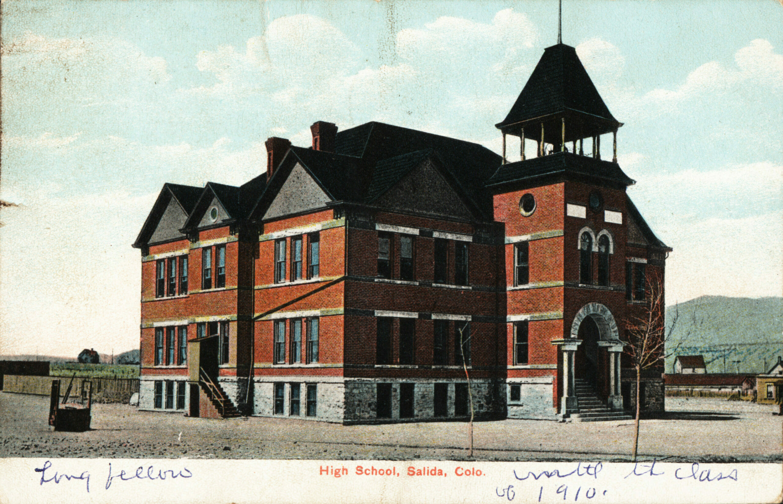This is the H Street School, which was built in the western part of town between Seventh and Eighth streets. Completed in 1892, the $20,000 structure housed the Salida Public High School on the second floor until 1910. Elementary classrooms were located in the partial basement and on the first floor. In 1920, the school was renamed “Longfellow,” after the American poet. After the present elementary school was constructed in 1957, the historic Longfellow School was razed in 1966.  (2)