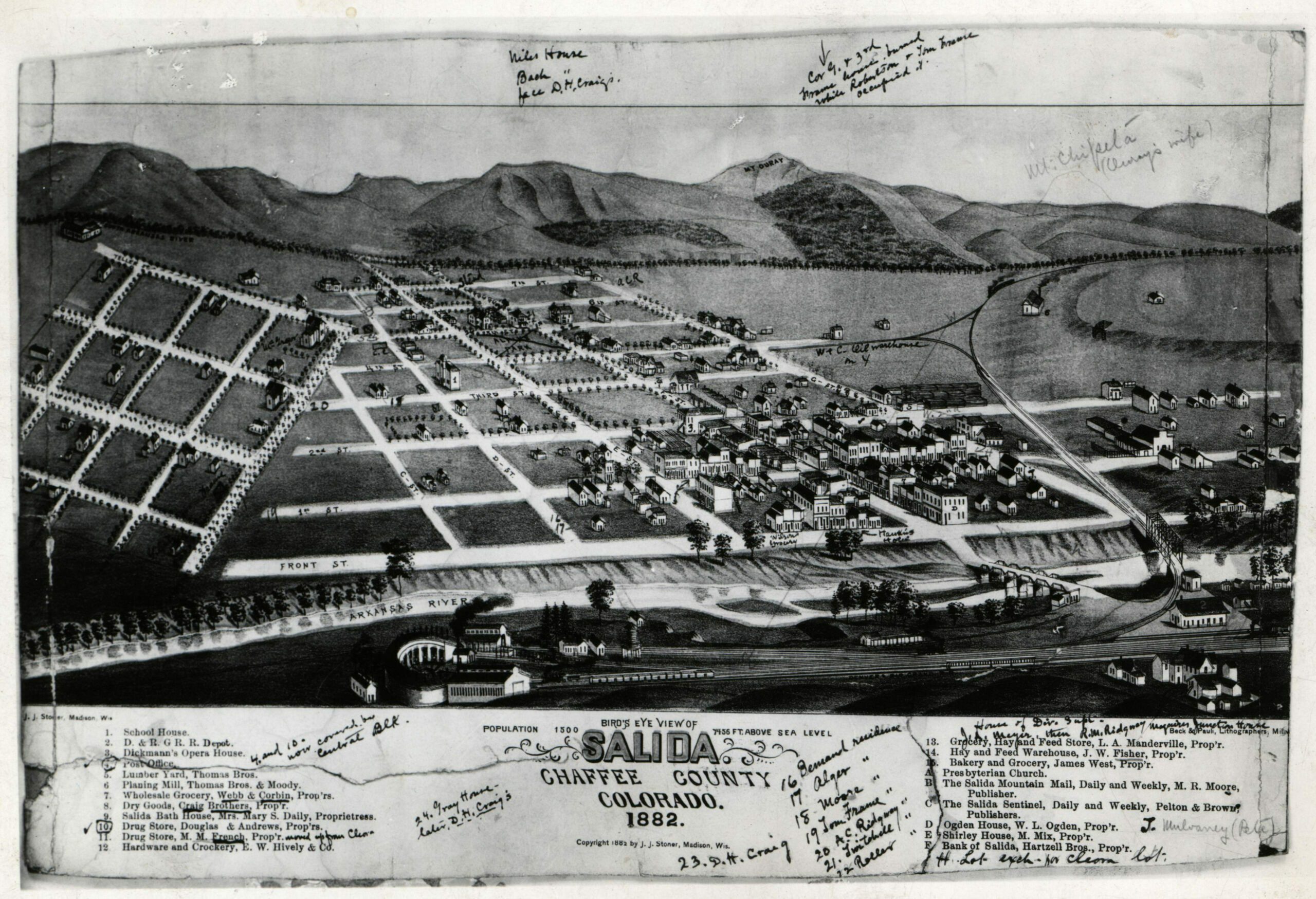 J.J. Stoner Map of Salida 1882 with Thomas Nevens notes