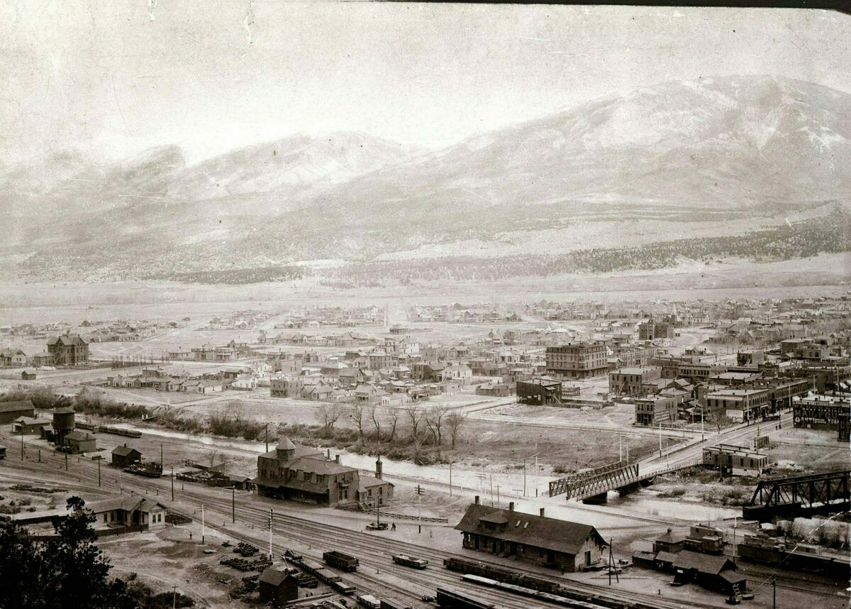 Bird's Eye View of Salida image of Depot and Steel Truss Bridge.SalidaMuseColl